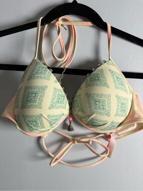 Victoria’s Secret Push Up Halter Bikini Top 34C Tassel Pom Pom Padded Swim